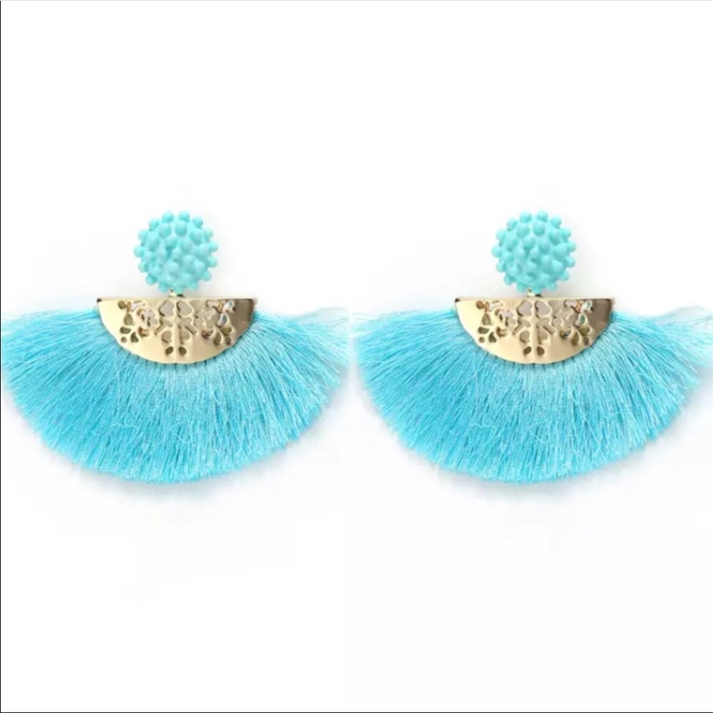 ππ Blue and Yellow Fringe Fan Earrings π - Picture 6 of 6